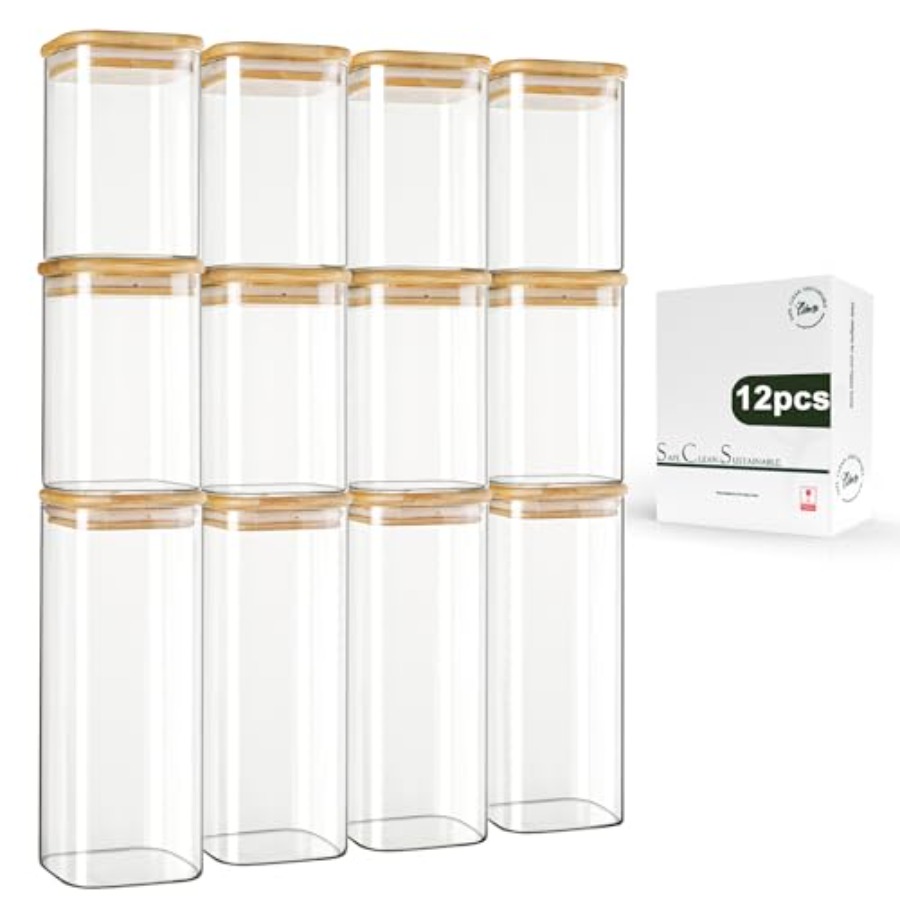 Food Storage Container - 12er-Pack Quadratische Glas-Aufbewahrungsgläser mit Bambusdeckeln 0,6Qt/1,06Qt