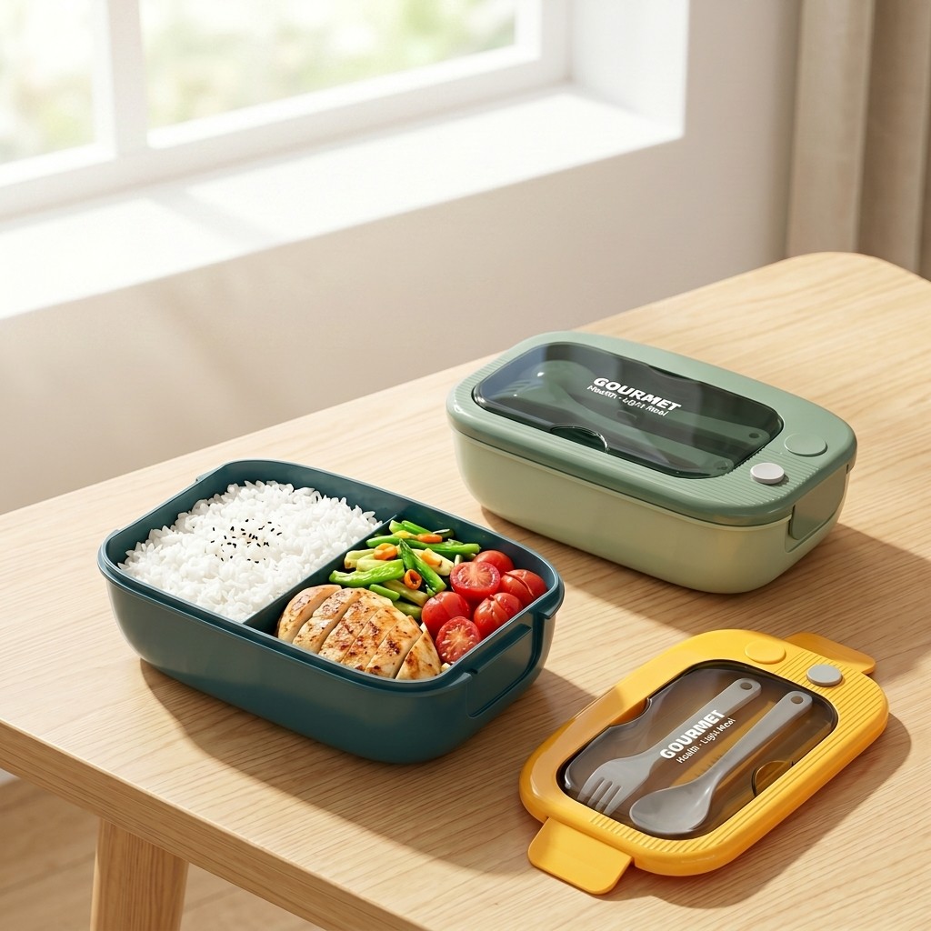 Food Storage With Scoop - Mikrowellengeeignete Plastik-Bento-Box mit 2 Fächern, Auslaufsichere