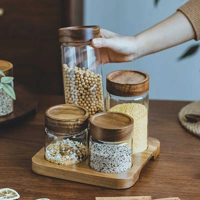 Food Storage Jars With Wooden Lids - Holzdeckel Orgnizer Glas luftdicht Kanister Küche