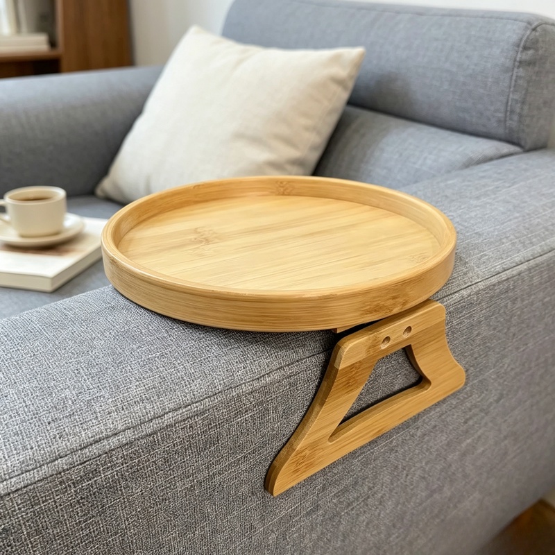 Food Storage Practices - Aufsteckbare Sofa-Armlehnenablage aus Naturholz, Praktischer TV-Snack-Beistelltisch