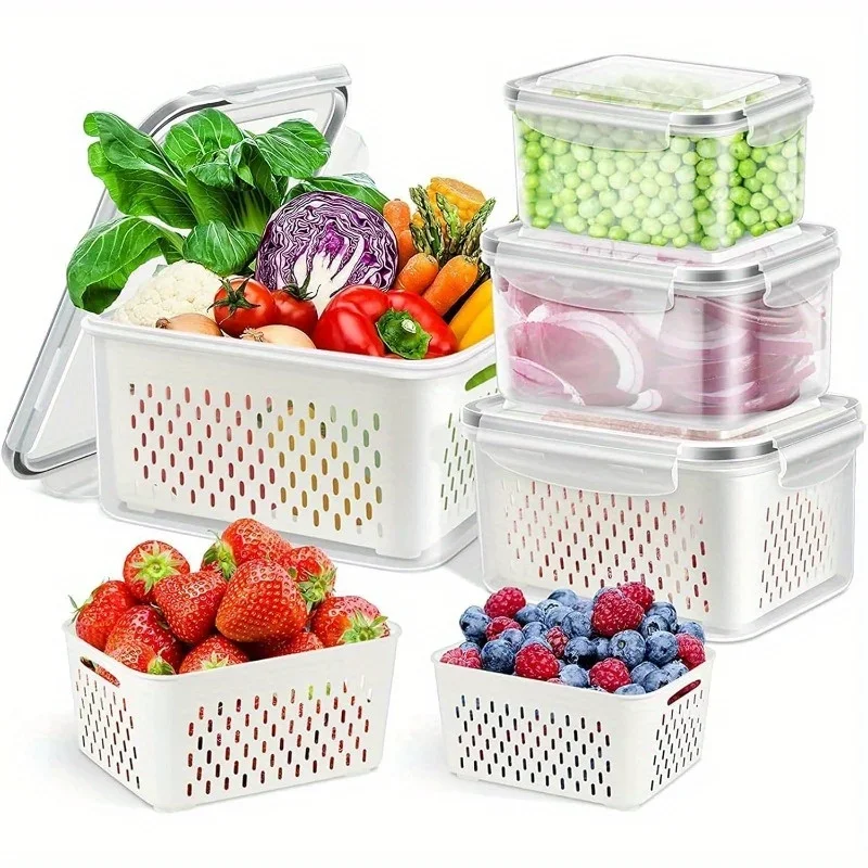Food Storage Jar Set - Kühlschrank-Aufbewahrungsbehälter-Set mit Deckeln und Sieb, Plastik-Frischhaltebox