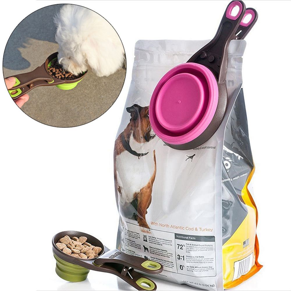 Food Storage With Scoop - Tragbarer Faltbarer Silikon-Tierfutterschaufel-Messbecher mit Beutelverschluss, 3